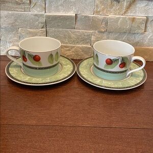 Mikasa Fruit Odyssey Green Floral Teacup and Saucer set of 2